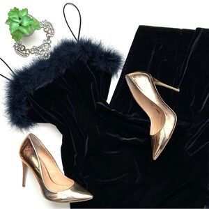 Vintage 90s Y2K Roberta Velvet Maxi Dress Gown Marabou Feather Trim Navy Blue M